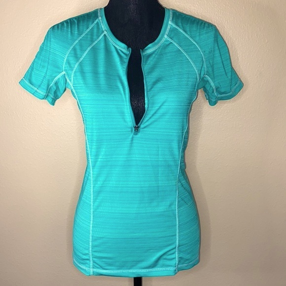 Athleta Cycle Shirt Teal 1/4 Zip Front Back Zip Pocket Short Sleeve Small - Picture 2 of 10